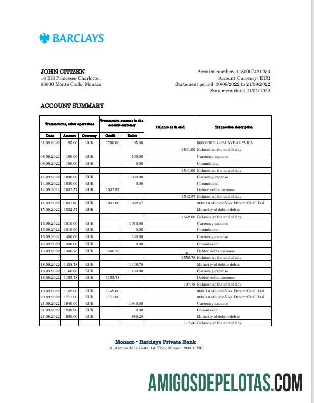 Extrato realista do Monaco Barclays Private Bank em Excel e modelo PDF